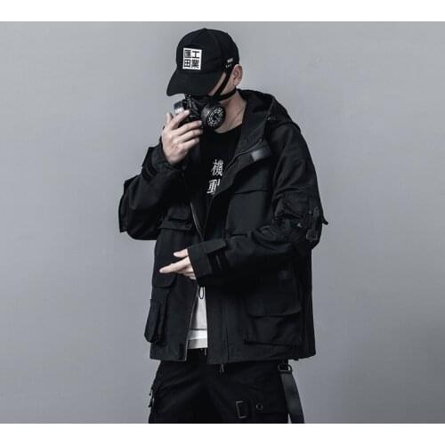 Mens Tactical Hooded Jacket Hip Hop Fashion Dark Multi-Pocket Workwear Tech Jacket Harajuku Street Casual Bomber Jackets Coats