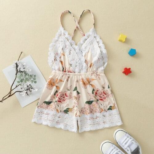 Toddlers Summer Jumpsuit, Floral Lace Trim Spaghetti Strap V-Neck Tied Backless Romper for Girls, 6 Months to 4 Years