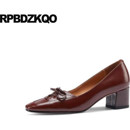 Kawaii Medium Heels New 11 43 Big Size Block Shoes For Women Pointed Toe Thick Genuine Leather Pumps High 10 42 Bow Girls 2021