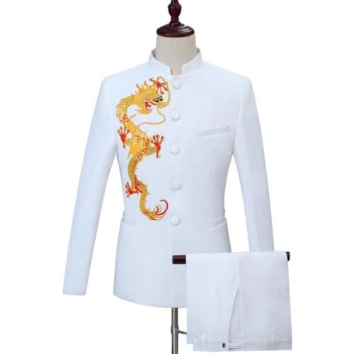 Embroidery Blazer men Chinese tunic suit set with pants mens wedding suits costume singer star style stage clothing formal dress