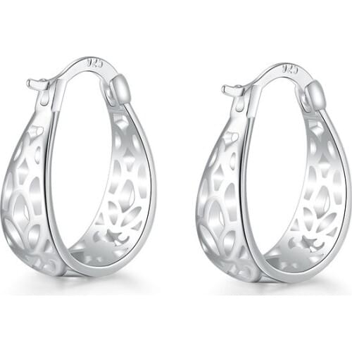 Three Dimensional Hollow Geometric Patterns 925 Sterling Silver Punk Style Women Fashion Gift Hoop Earrings