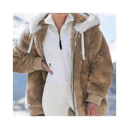 Autumn And Winter Fashion New Womens Casual Loose Plush Zipper Hooded Solid Color Coat For Women