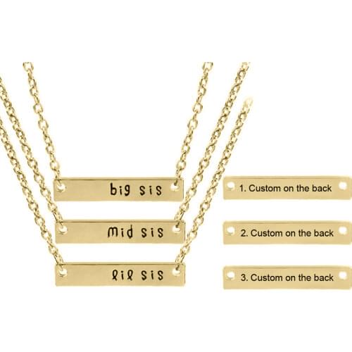 Big Middle Little Sister Bar Necklace Family Love Pendant Necklace Silver Color Engraved Necklace Stainless Steel Golden Color