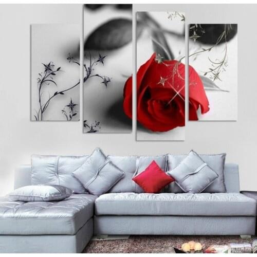 Canvas Prints 4 Pieces Painting Wall Art Home Decor Panels Red Rose Flower Poster For Living Room Frame ht005