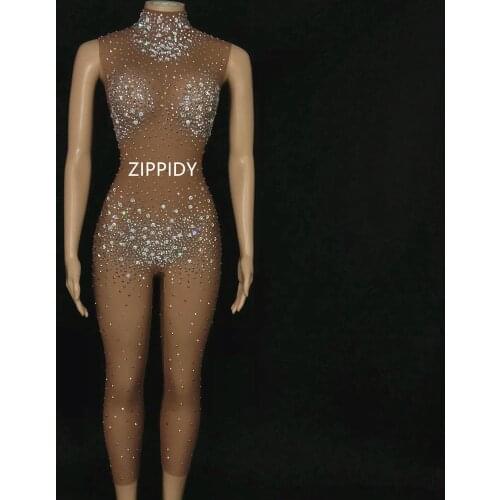 Tan Color Mesh Silver Stones Sexy Jumpsuit Transparent Leggings Prom Singer Outfit Evening Birthday Celebrate Bodysuit