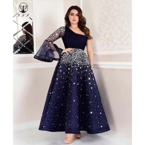 New Arrival Dark Royal Blue One Shoulder Beaded Crystals Long Sleeve Floor Length Prom Dresses