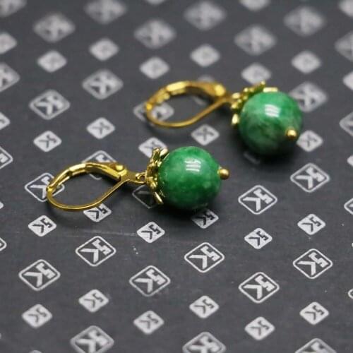 New 10mm Retro style Magnificent Green Chalcedony Gold Color Natural stone Earrings Eardrop Earbob for women girls ladies gifts
