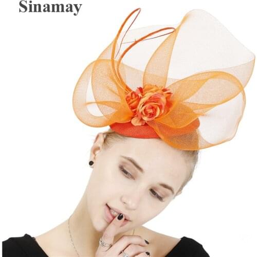 Orange Red Fedora Caps Feather Hair Clips Fascinators Church Party Hats Women Elegant Lady Headwear Decoration Headdress XMF427