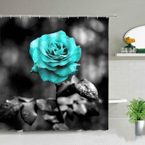 Blue Rose Flower Leaf Shower Curtains Plant Scenery Black Background Bathroom Decor Bathtub Art Screen Waterproof Cloth Curtain