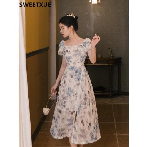 SWEETXUE 2021 Summer French Elegant Retro Square Neck Printed Dress Puff Sleeve Long Split Dress Fashion Holiday Vestidos
