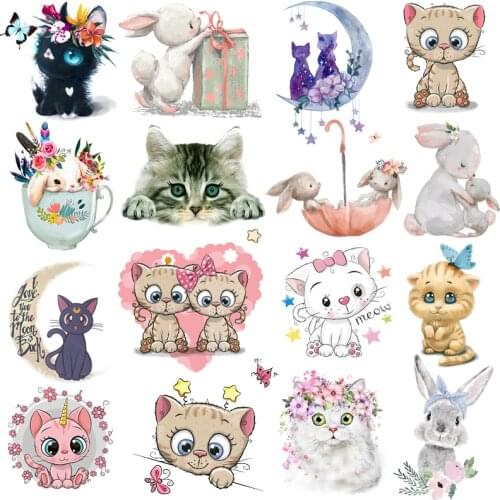 Cartoon Cat Rabbit Iron On Transfers Cute Animal Heat Transfers Vinyl Thermal Clothing Thermoadhesive Patches Applique Stickers