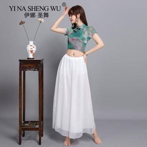 Cheongsam High Collar Women Chinese Folk Dance Tops Gauze Flowy Classical Practice Clothes Dancewear Wide Leg Pants White Black