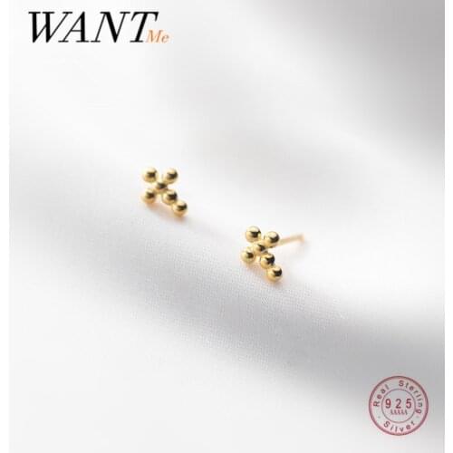 WANTME Real 925 Sterling Silver Retro Religious Beads Cross Small Stud Earrings for Women Simple Korean Chic Trendy 2021 Jewelry