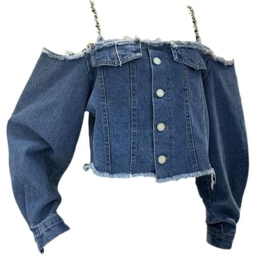 Summer Autumn Womens Tooling Jackets Slash Neck Loose Denim Coats Vintage Trendy Lady Tops Strapless Jeans Clothing Solid Mujer