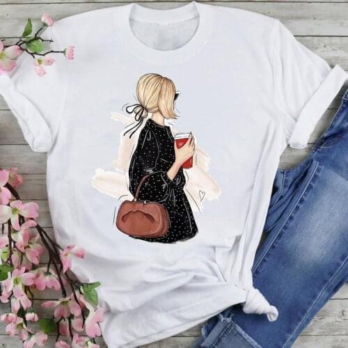 Women Graphic 90s Coffee Cute New Cartoon Summer Fashion Print Short Sleeve Female Clothes Tops Tees Tshirt T-Shirt