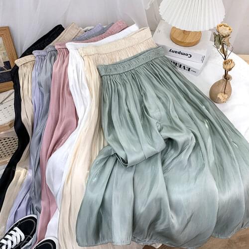 Solid Color Elastic High Waist Fashion A-Line Midi Skirt Women Summer Korean Style Casual Temperament Pleated Skirt Female