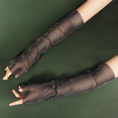Women Glitter Rhinestone Arm Warmer Sleeve Sunscreen Nightclub Fingerless Gloves 50JB