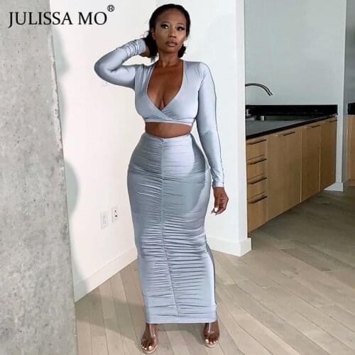 Julissa Mo 2 Piece Sets Sexy V-Neck Cropped Tops And Ruched Skirts Women Casual Outfits 2020 Autumn Long Sleeve Bodycon Dresses