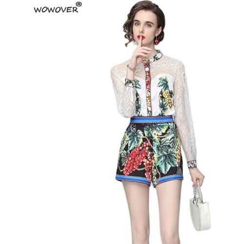 Europe Fashion Spring Summer Runway Two Piece Set Women Designers Fruit Print Lace Shirt and Shorts Suit Party Beach Outfit