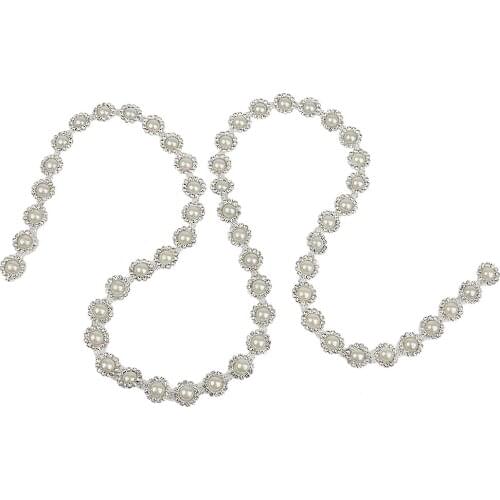 1Yard Pearl Rhinestone Chain Sewing Trims Craft Dress Decoration Silver