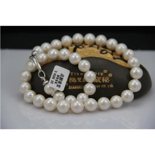 18"8-9mm natural south sea genuine white round pearl necklace AAA 925silver DDEK