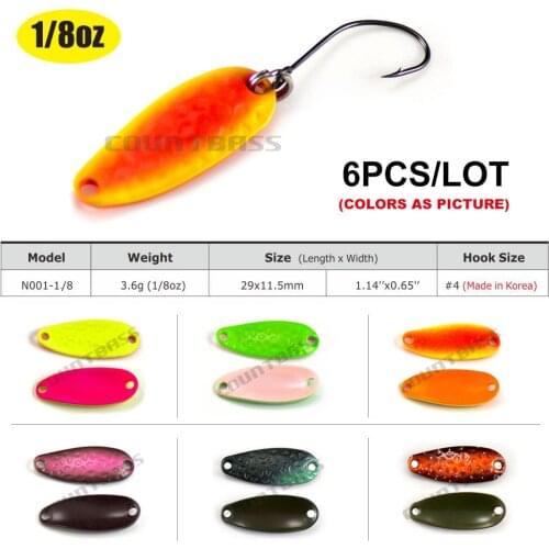 6PCS COUNTBASS Trout Fishing Spoon With Single Hook, Size 29x11.5mm, 3.5g 1/8oz Casting Metal Spoon