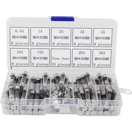 72pcs 6*30mm Glass Tube Fuses Car Electrical Assorted Kit 250V 0.5A-30A