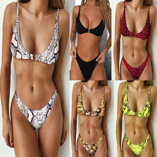 Bikini 2019 Sexy Women Swimwear 2pcs Suit Leopard print Swimsuit Solid Beachwear Bathing Suit Thong Bikini Set 5 Colors