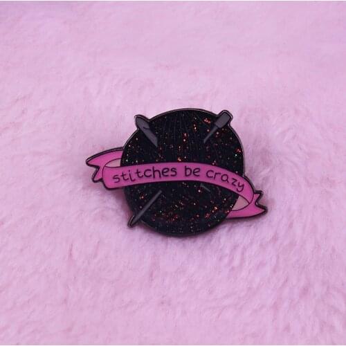 Crazy stitches and yarn lapel pin with glitter knitters flair addition