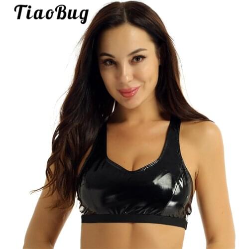 TiaoBug Black Patent Leather Wet Look Deep U-neck Bralette Rave Festival Nightclub Stage Pole Dance Wear Women Sexy Crop Tops