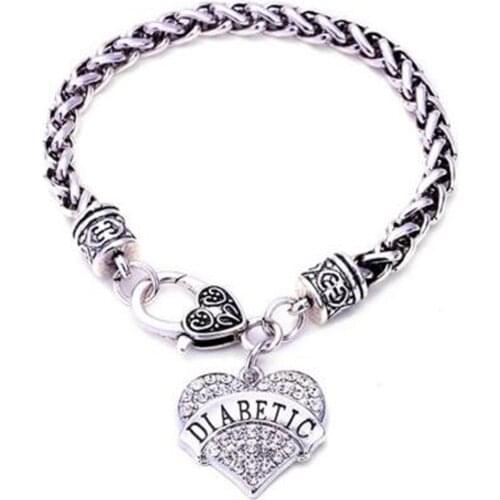 DIABETIC Bracelets Awareness Medical Alert Charm Bracelet White Rhinestone Heart for women