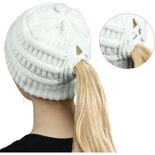 Womens Beanie Ponytail Hat Messy Bun BeanieTail Messy High Bun Cross Criss Hole Soft Stretch Cotton Knit Skull Cap