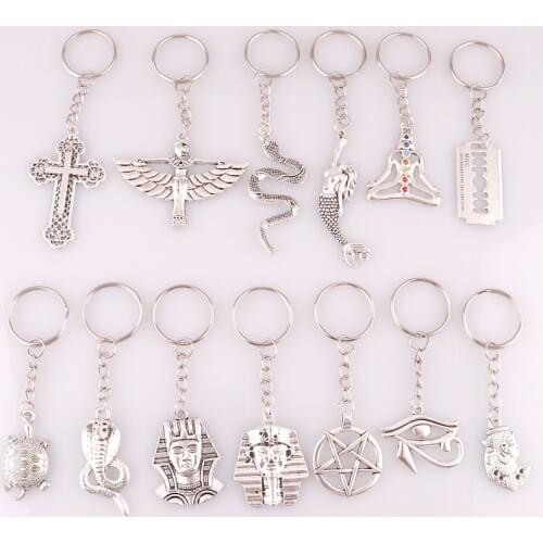 2pcs Creative Keychain Metal Cross Snake Egypt Goddess Yoga Star Bag Phone Charms Trinket Gifts Key Ring Model Key Chain Keyring