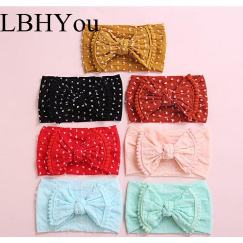 Cute Shabby Dot Prints Wide Bows Nylon Headbands With Pompom Trims,Princess Baby Girls Turnban Hair Accessories Head wraps