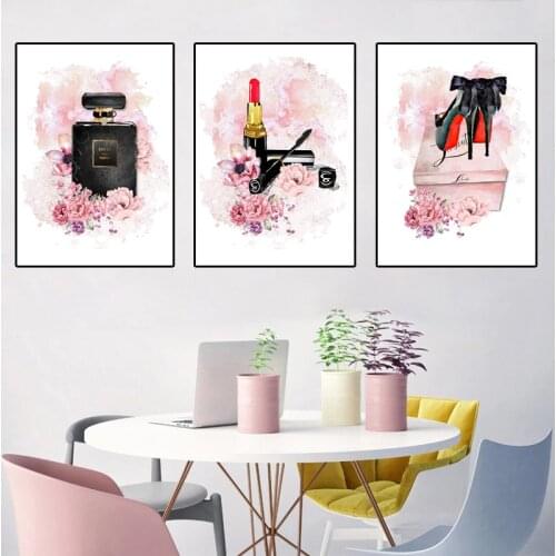 Fashion Cosmetics Printing Poster Perfume Bottle Lipstick High Heels Canvas Oil Painting Wall Art Modern Living Room Decoration
