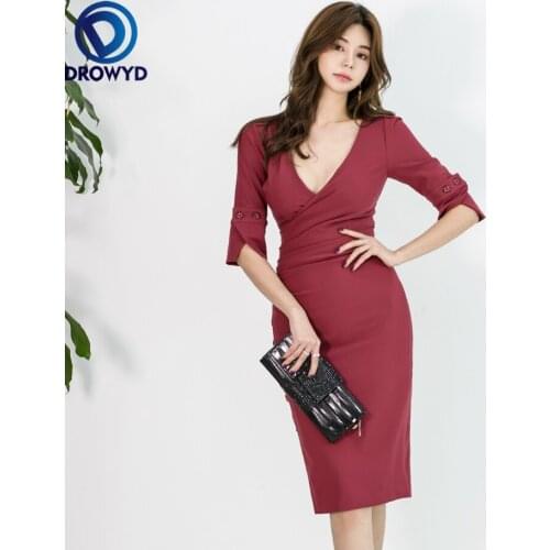 Fashion Solid Color Women Dress Summer Deep V-neck Sexy Skinny Split Button Robe Femme Slim Bodycon Dresses S-XL Party Vestidos