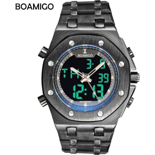 BOAMIGO brand men multifunction sport watch analog digital quartz wristwatch black stainless steel gift clock Relogio Masculino