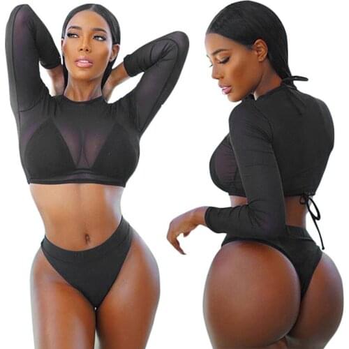 2021 new womens European and American sexy split three-piece mesh breathable thin bikini swimwear multicolor long sleeves