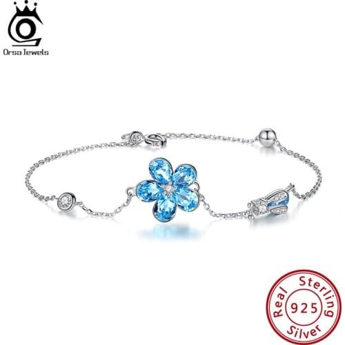 ORSA JEWELS Stylish 13mm Flowers Shape Crystal Bracelets for Women 925 Silver Chain with 4A Cubic zircon Luxury Jewelry SWB08