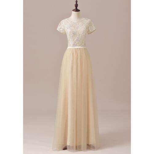 Champagne Elegant Short Sleeves Cheap A Line Pink Tulle Bridesmaid Dress 2019 Lace With Sash vestido de festa longo SLD-PGE029