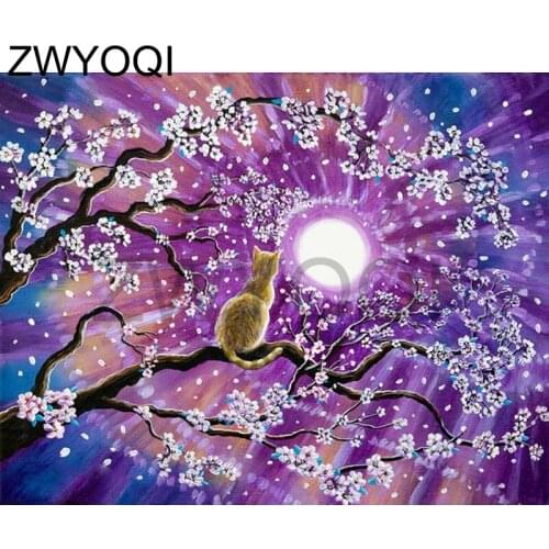 Full Square Diamond mosaic Plum peach cat Full Round Diamond embroidery Cross stitch Branch flowers 5D DIY Diamond painting moon