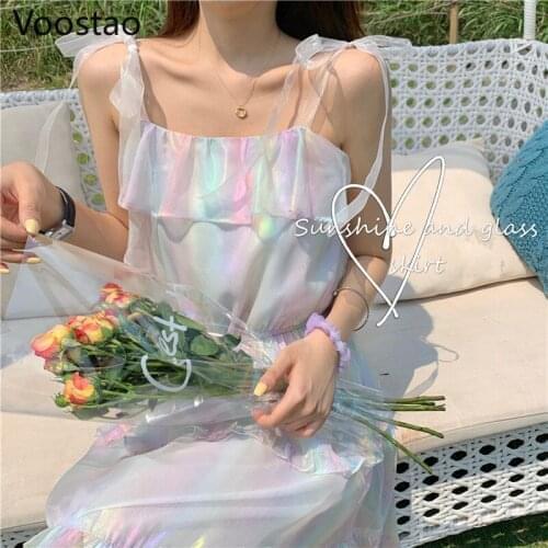 Rainbow Sweet Lolita Style Party Dress Women Summer Sexy Off Shoulder Bandage Fairy Bling Dress Female Spaghetti Strap Dresses