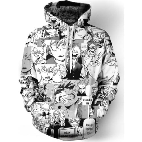 Combat Hero Anime Hoodie Funny Cool Hip Hop Streetwear Unisex Black White Pullovers Angry Bakugou Katsuki Collage Tops Hooides