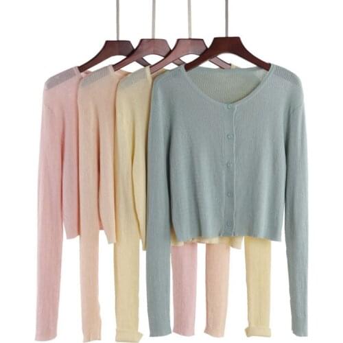 All match thin knitted cardigan for women summer new v-neck long-sleeved office lady short high waist female outwear coat tops