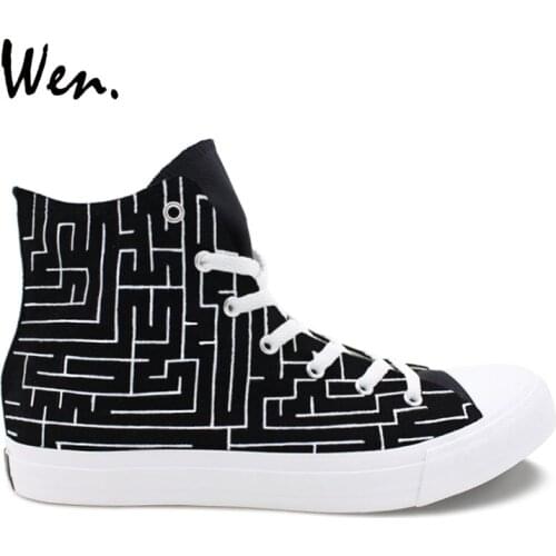 Wen Original Design Labyrinth Maze Style Hand Painted Athletic Shoes Black High Top Men Womens Canvas Sneakers for Unique Gift