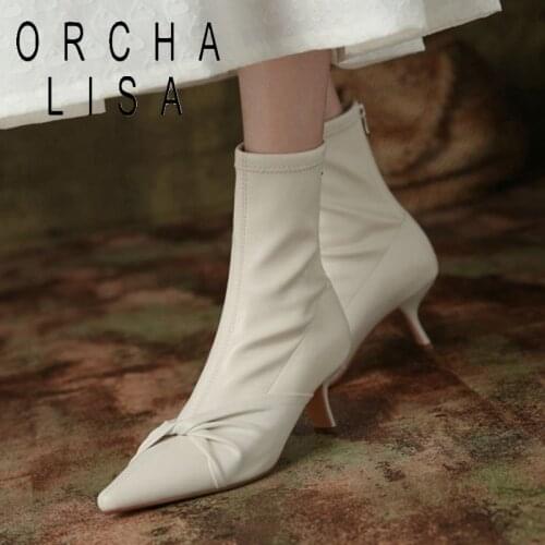 2021 New Brand kitten heel ankle Boots Women Elastic Booties soft pointed toe zipper pigskin inside Spring autumn party shoes