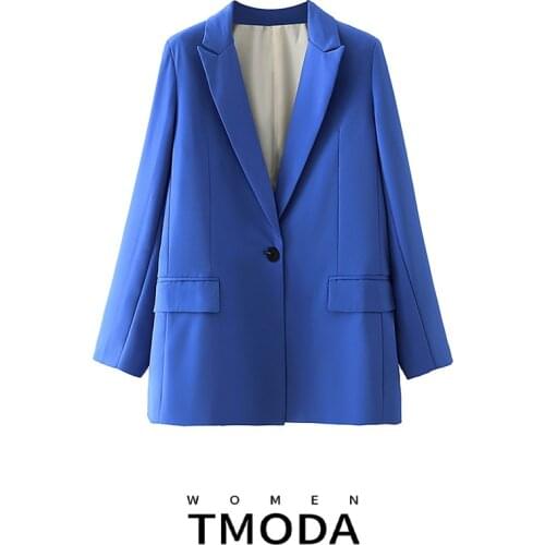 TMODA421 Za Women 2021 Fashion One Button Blue Blazer Coat Vintage Long Sleeve Female Business Tops Bleizer De Mujer