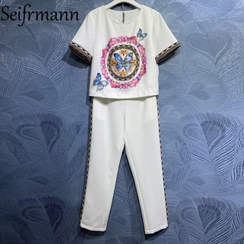 Seifrmann New 2021 Summer Women Fashion Runway Pants Set Short Sleeve Beading Tees + High Waist Long Pants 2 Two Pieces Suits