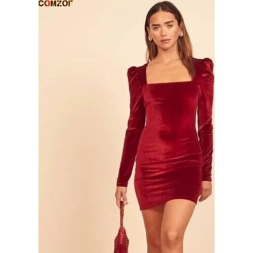 High Quality Women 2021 Spring Dresses Long Sleeve Velvet Square Neck Vintage Clothing Mini Lady Casual Velour Vestido De Mulher