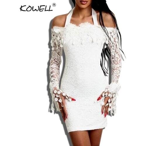 Hot sale halter lace mesh bodycon christmas dress Women white off shoulder long sleeve Dress elegant hollow out autumn vestidos